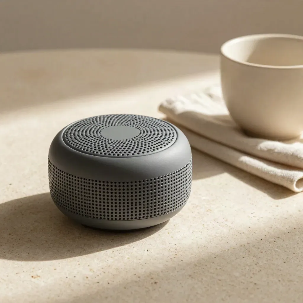 Altavoz Bluetooth mini junto a taza cerámica y lino, con luz cálida y textura mate.