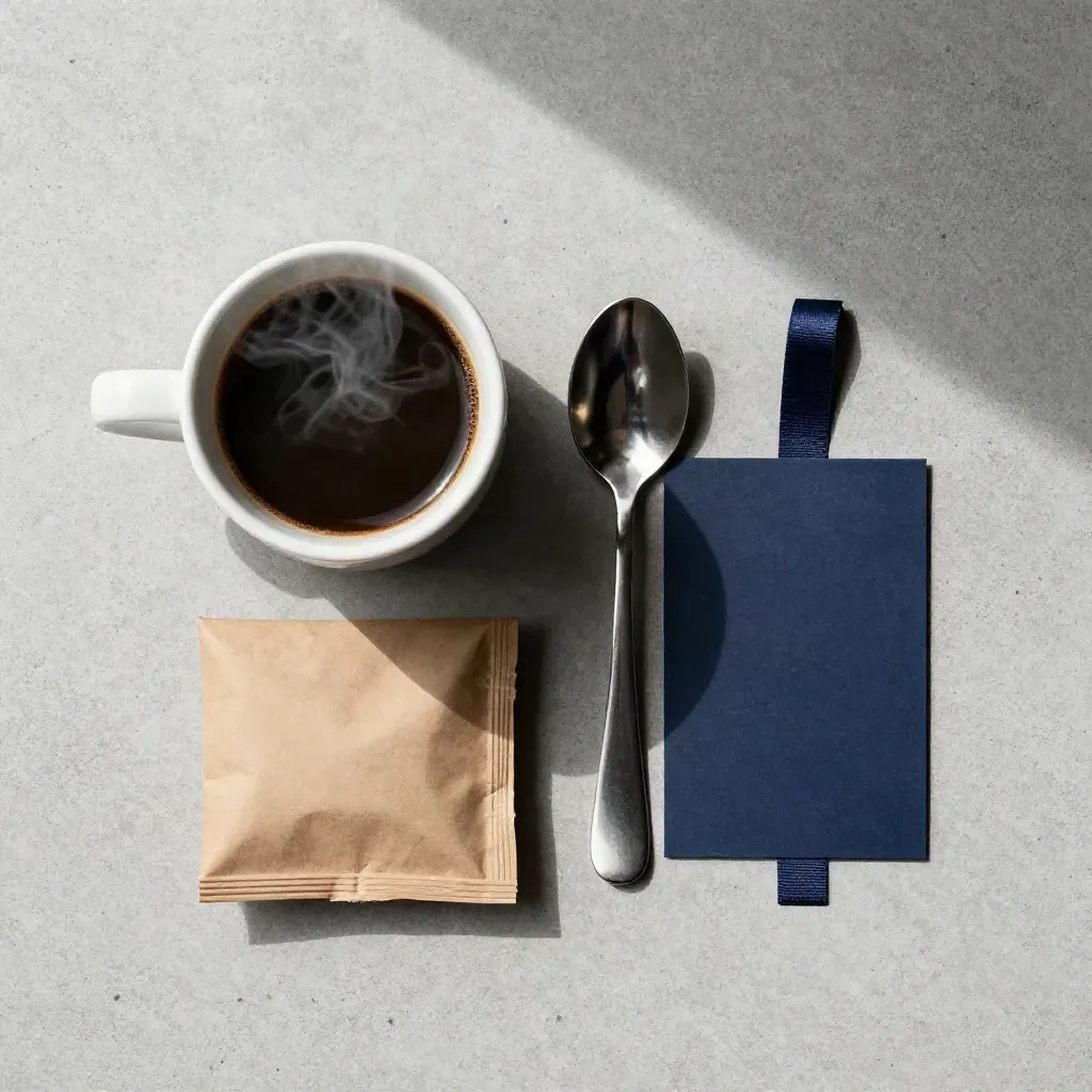 Flatlay cenital de taza de café, paquete kraft, cucharilla y tarjeta azul sobre hormigón gris.