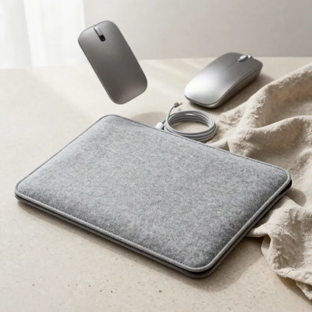 Funda de fieltro gris para portátil medio cubierta por lino sobre travertino, con accesorios desenfocados.
