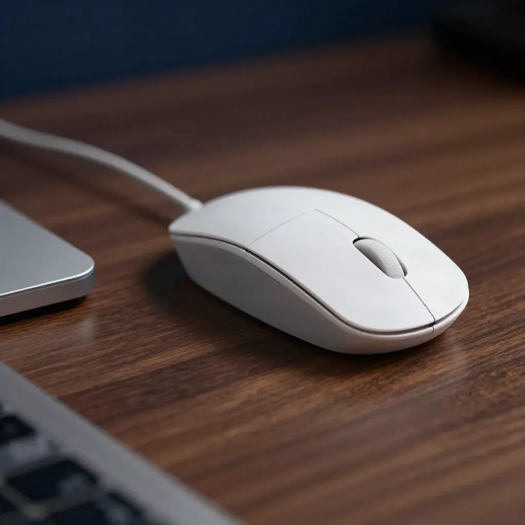 Ratón inalámbrico blanco sobre base y cable fino, en escena premium con luz de estudio.