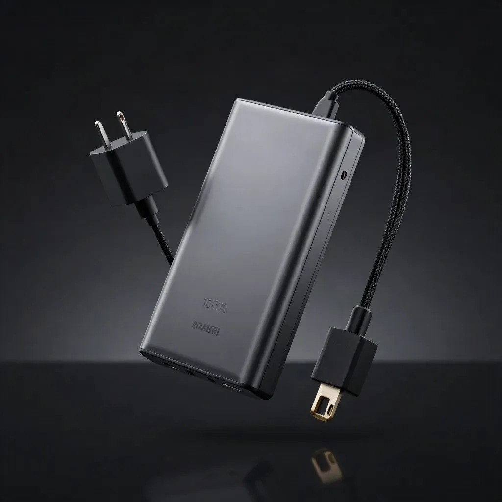 Batería externa metálica flotando con cables cortos, vapor frío y brillo dorado.