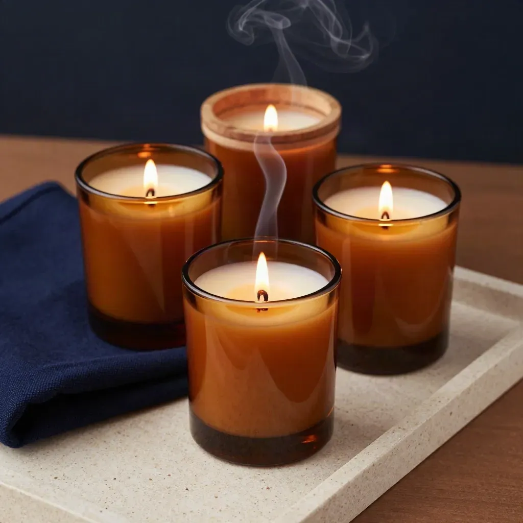Tres velas aromáticas en vidrio ámbar, encendidas, con tapas de madera y humo suave.