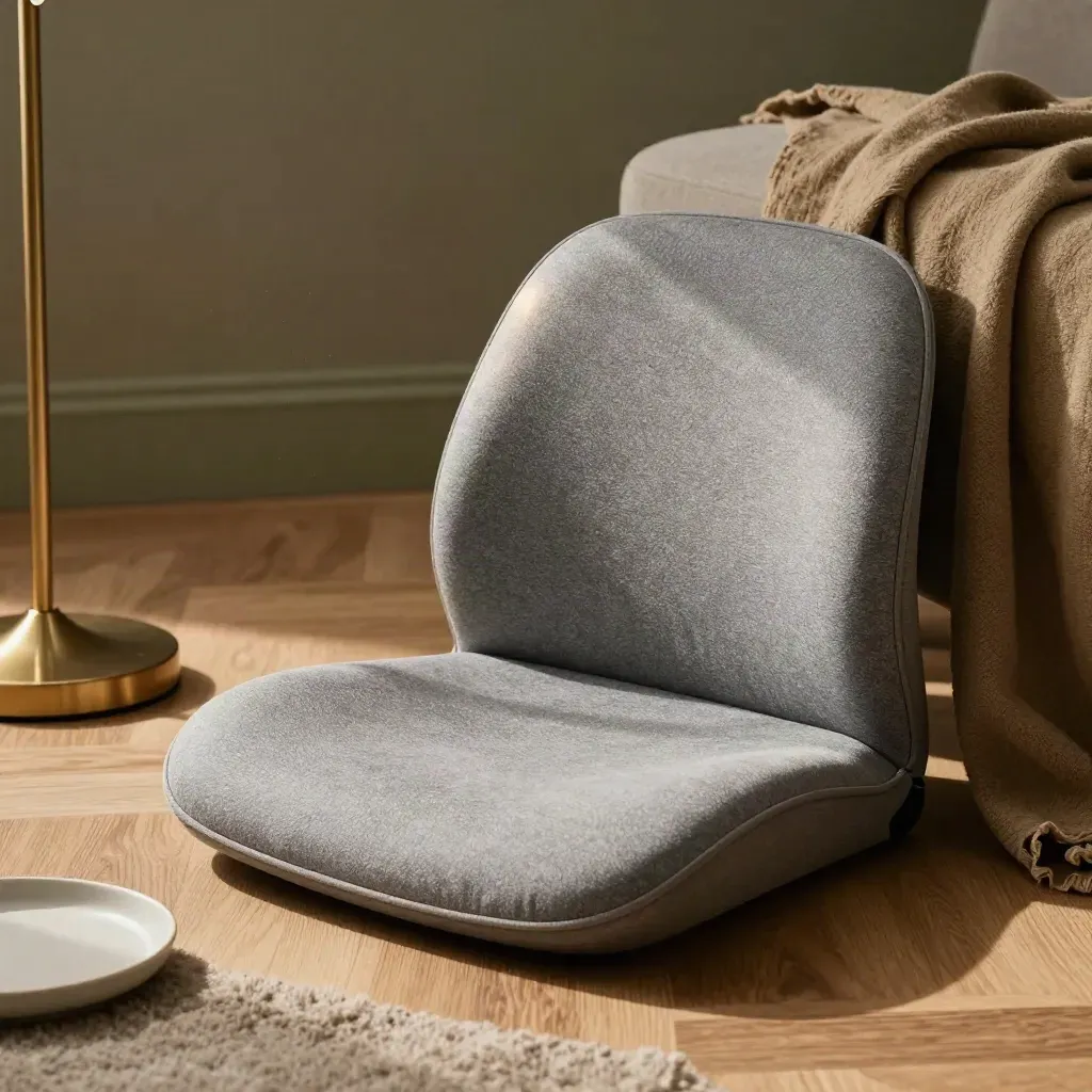 Cojín lumbar gris en silla de oficina, con funda lavable y luz suave premium