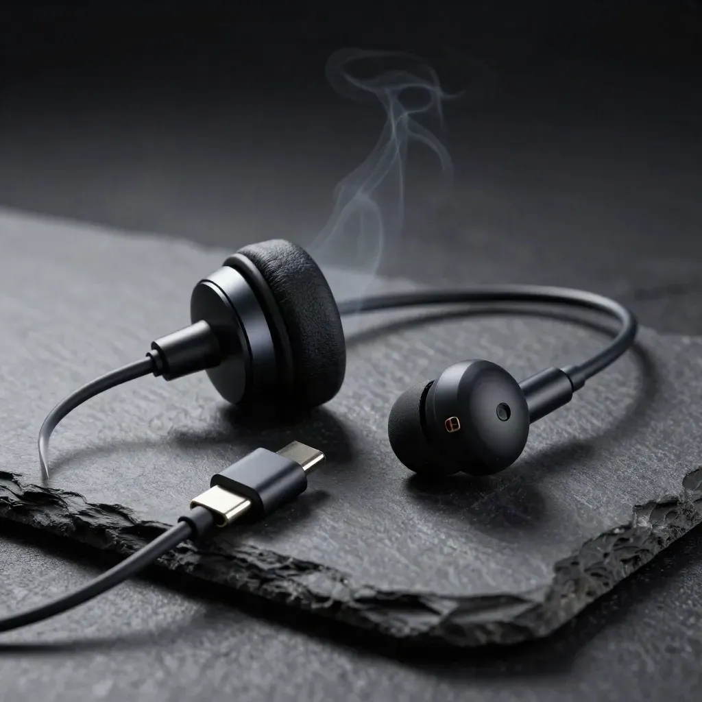 Auriculares USB-C negros sobre piedra, con cable en S y luz dramática