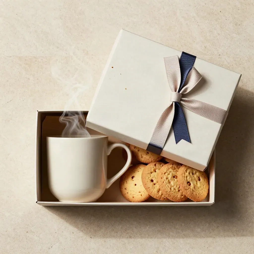 Caja regalo de café y galletas con taza lisa y cinta azul marino, vista cenital sobre piedra clara.