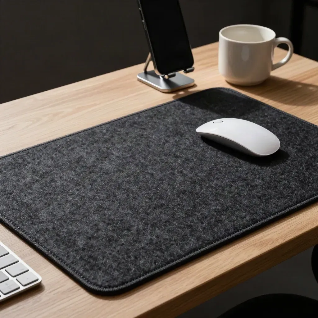 Alfombrilla XL de fieltro oscuro sobre escritorio claro con accesorios ordenados.