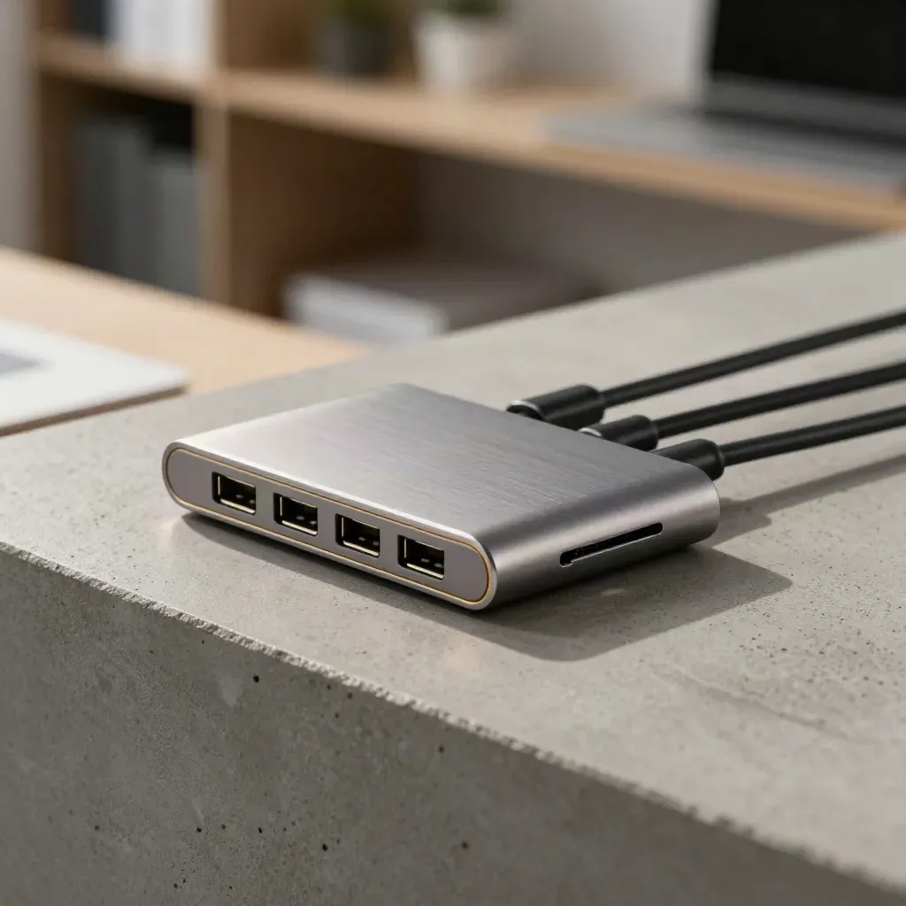 Hub USB de 4 puertos de aluminio sobre base de hormigón, con cables cortos y detalle dorado