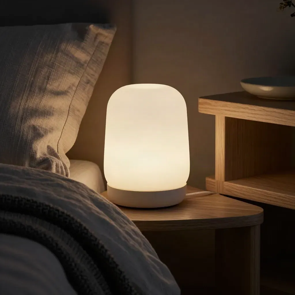 Luz nocturna LED cálida con difusor opalino junto a lino neutro y madera clara