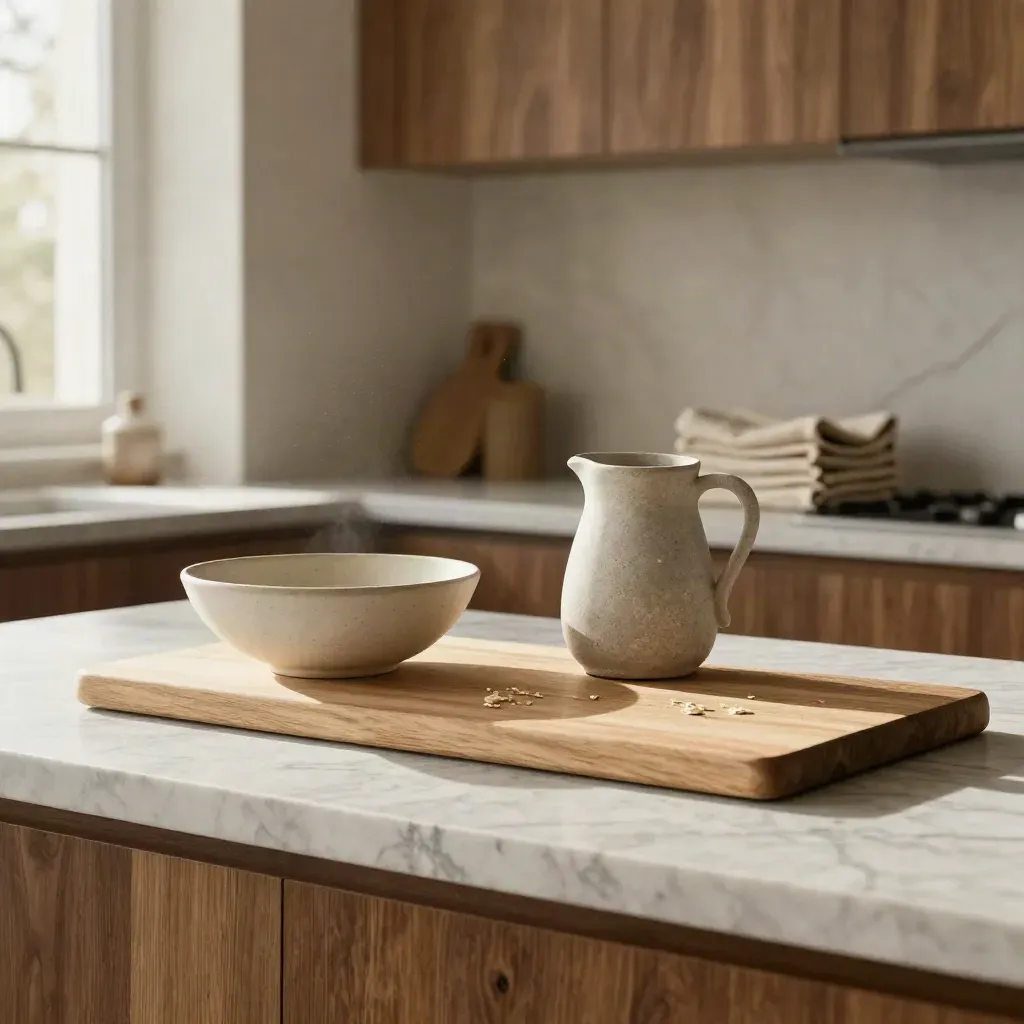 Cocina luminosa con encimera de mármol, tabla de madera y cerámica neutra, zona baja vacía.