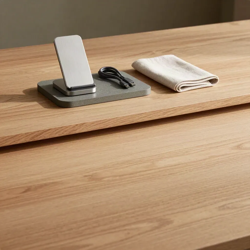 Mesa de roble claro con accesorios de oficina y carga, luz lateral suave y espacio vacío para texto.
