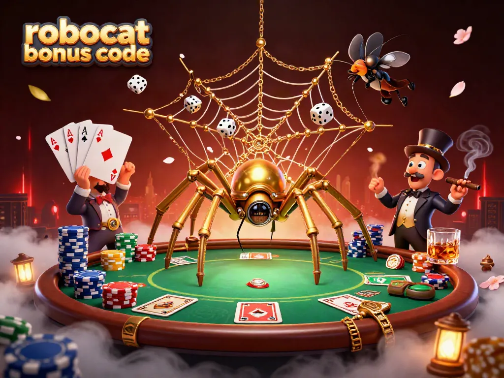 Engage with the robocat bonus code in an action-packed casino scene showcasing vibrant poker elements.